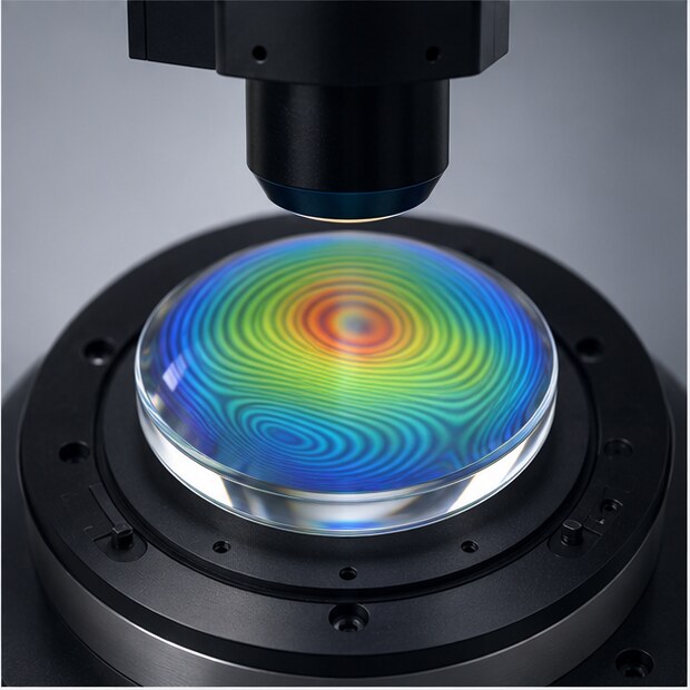 Non-contact optical metrology measuring a lens